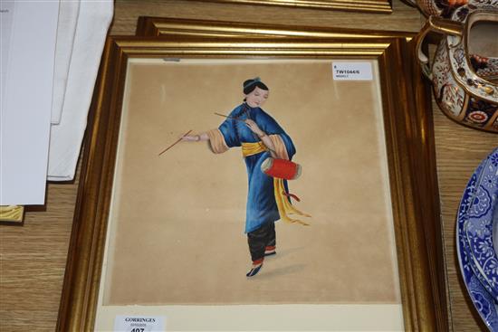 A set of four Chinese watercolours on pith paper of artisans and a similar smaller watercolour of an archer